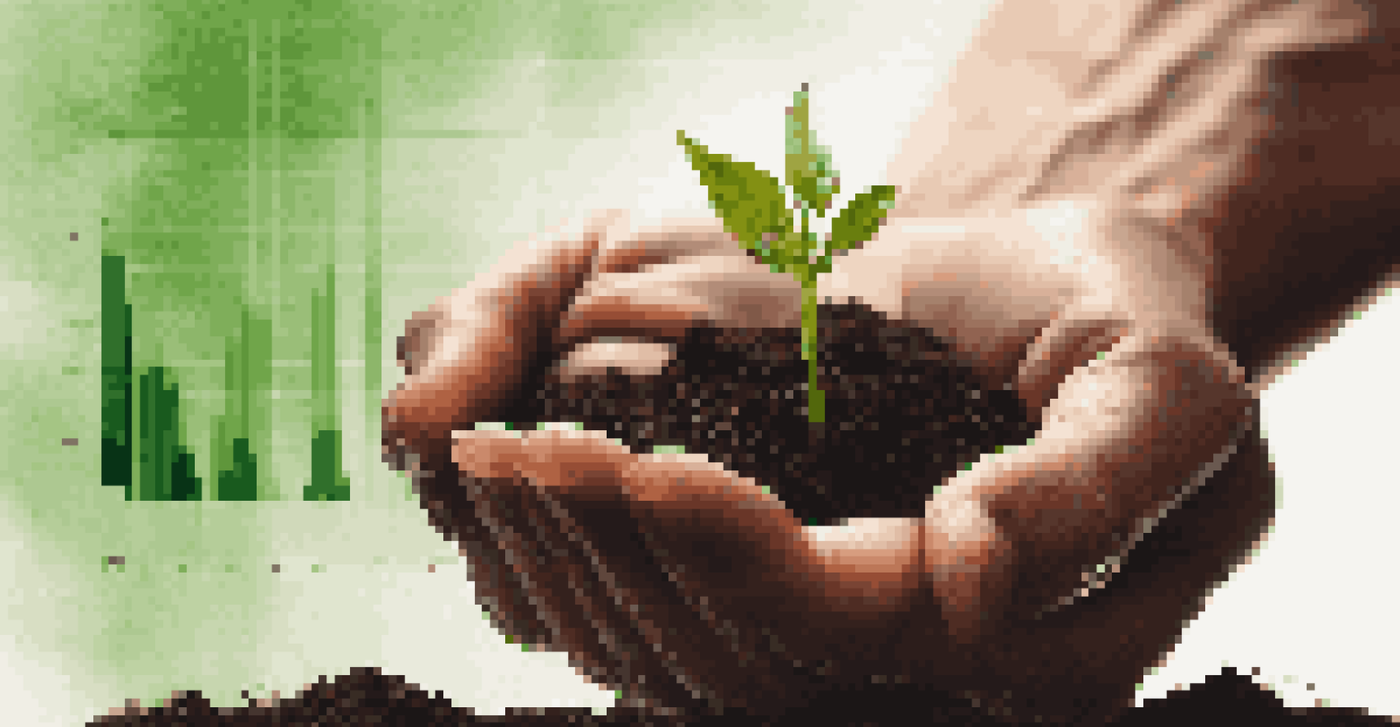 A close-up of a hand holding a small plant in soil, with blurred financial charts in the background, representing growth and investment.