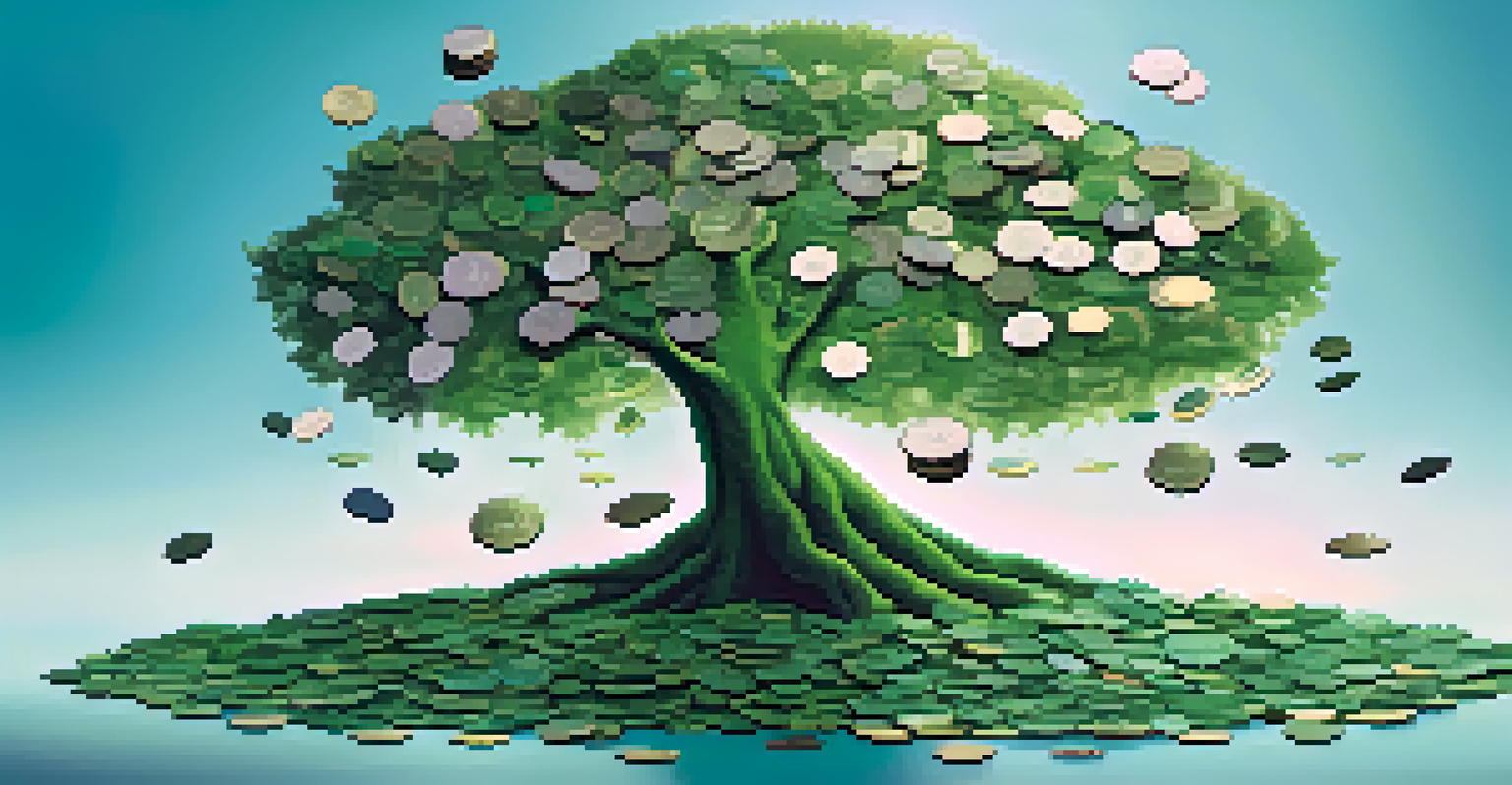 An abstract tree made of coins and leaves on a gradient background, symbolizing the connection between nature and sustainable investing.