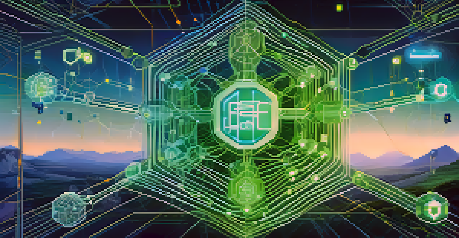 An abstract representation of AI in finance with interconnected nodes and icons for stocks and cryptocurrencies.