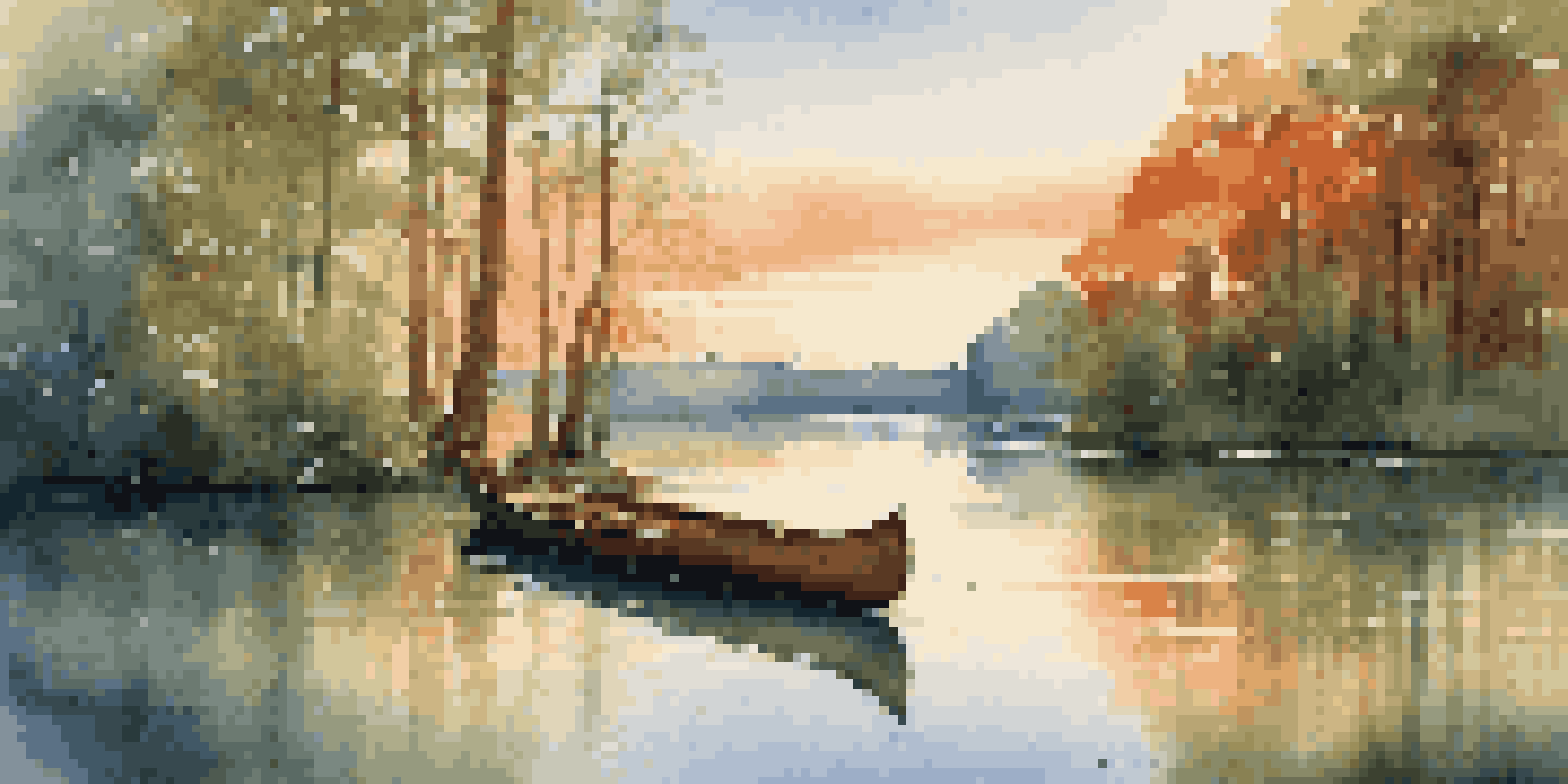 A peaceful lake setting with trees and a canoe at sunset.