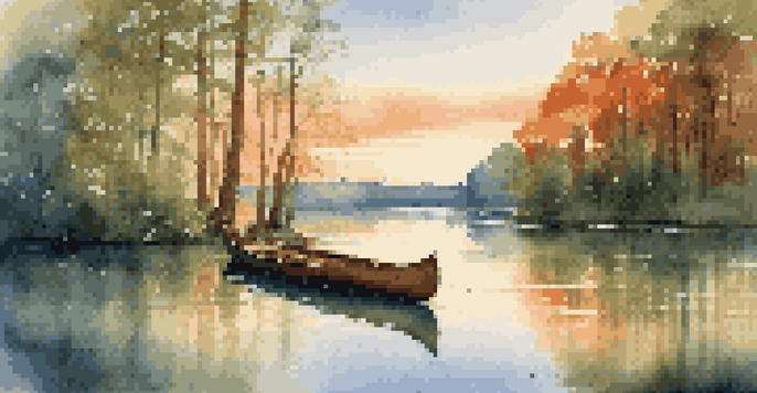A peaceful lake setting with trees and a canoe at sunset.