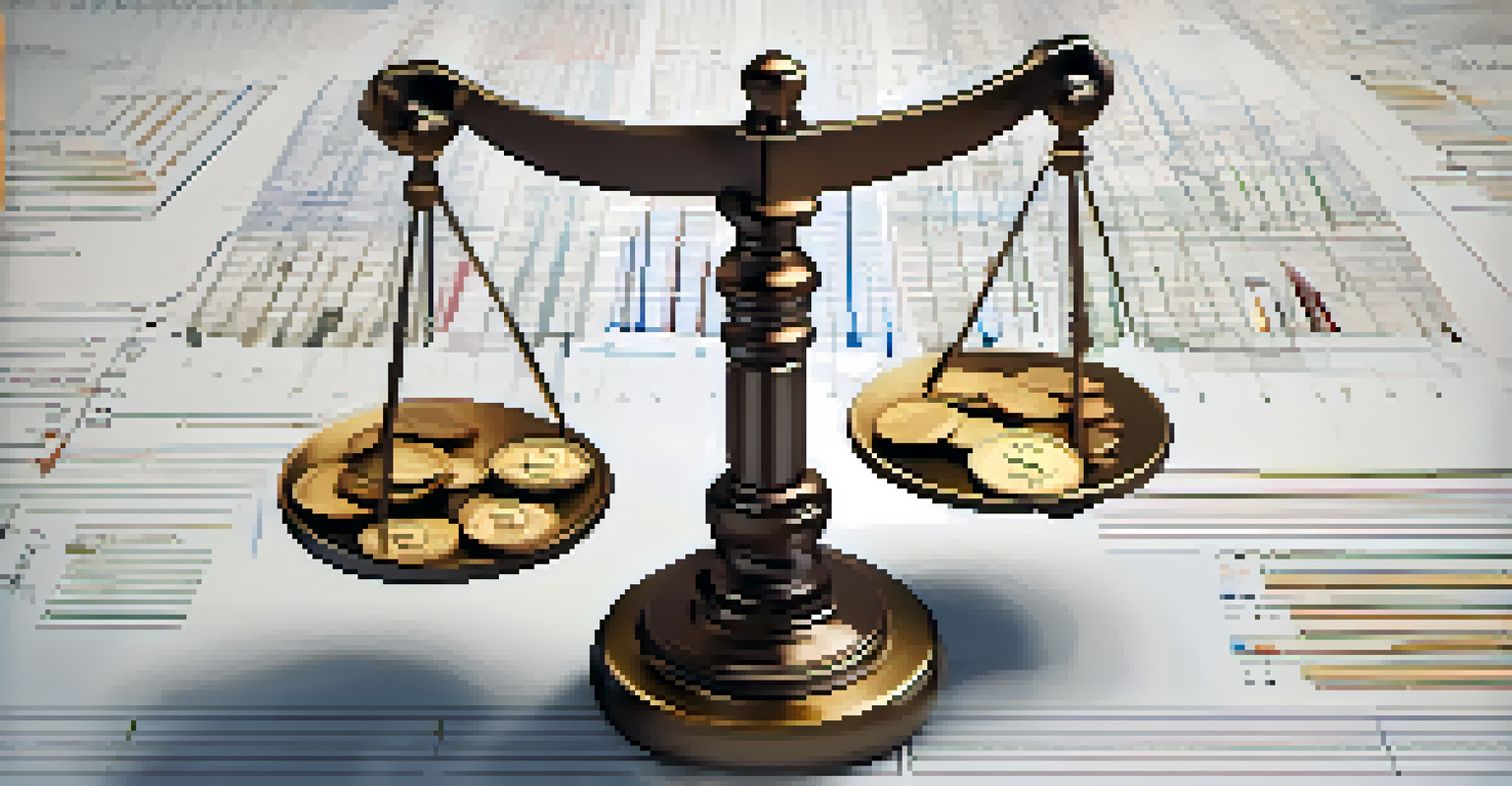 A balance scale with coins on one side and documents on the other, set against a backdrop of technological patterns and graphs.