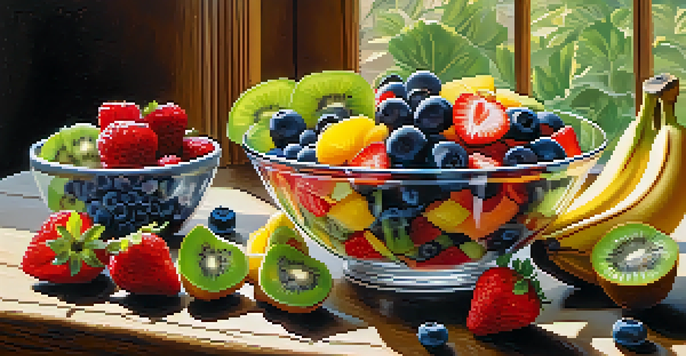 A colorful fruit salad in a glass bowl with strawberries, kiwis, bananas, and blueberries, illuminated by sunlight.