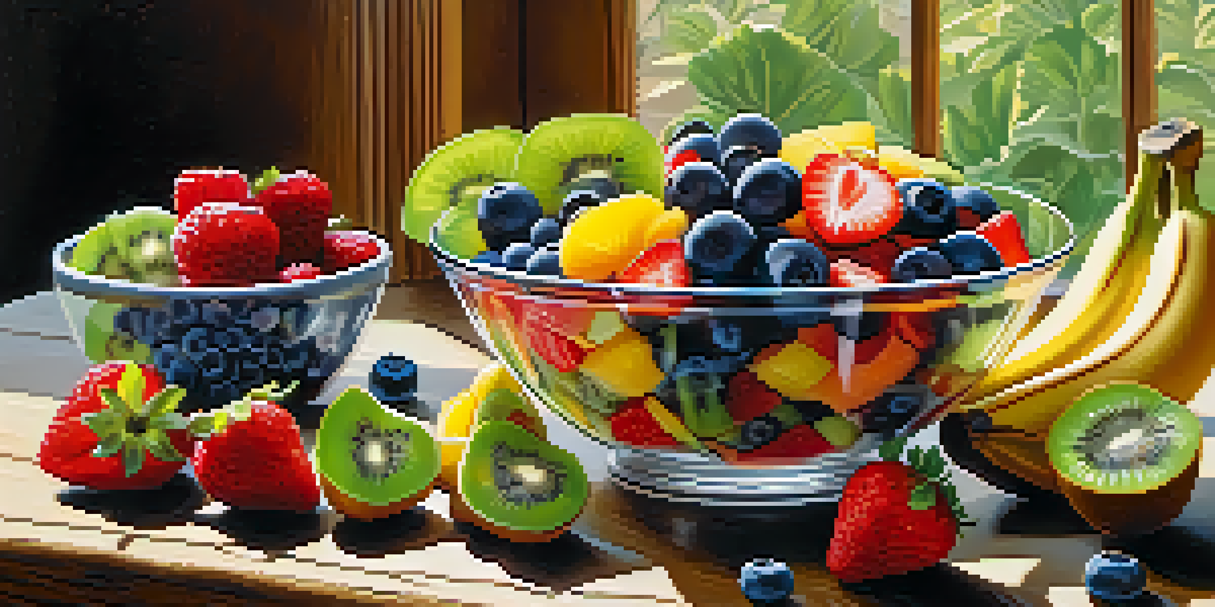 A colorful fruit salad in a glass bowl with strawberries, kiwis, bananas, and blueberries, illuminated by sunlight.