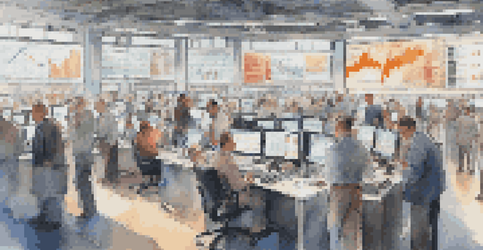 A busy trading floor with traders of different backgrounds looking at screens filled with colorful graphs and charts, capturing the emotions of market sentiment.