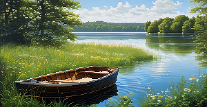 A peaceful lake scene with green trees and colorful wildflowers, a wooden rowboat floating on the water under a clear sky.