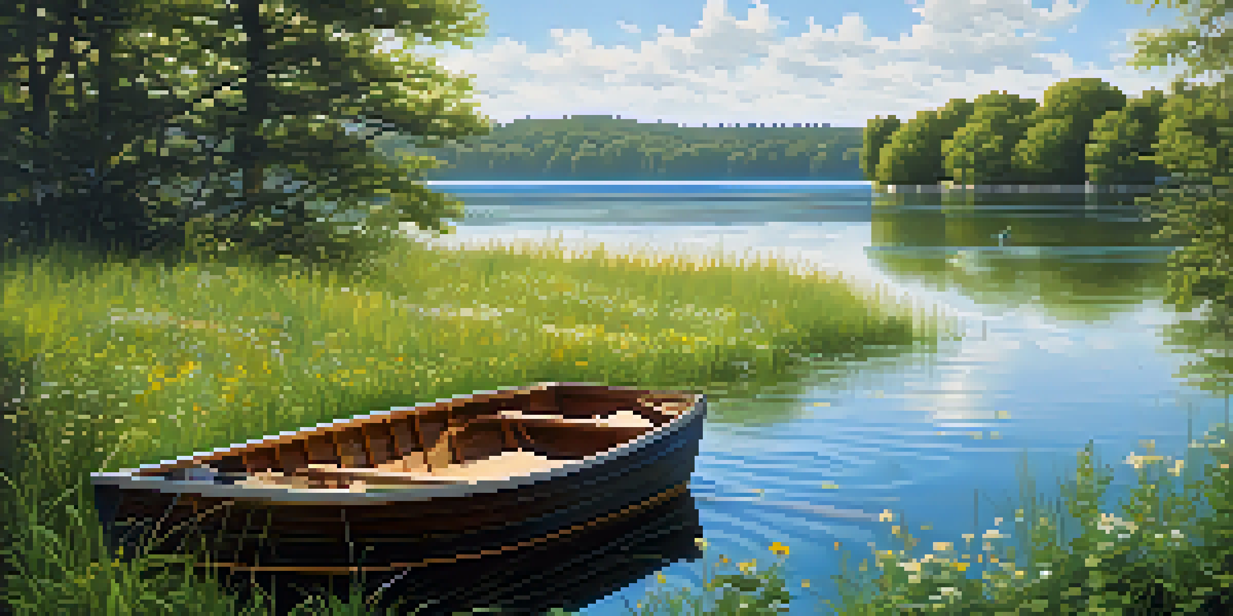 A peaceful lake scene with green trees and colorful wildflowers, a wooden rowboat floating on the water under a clear sky.