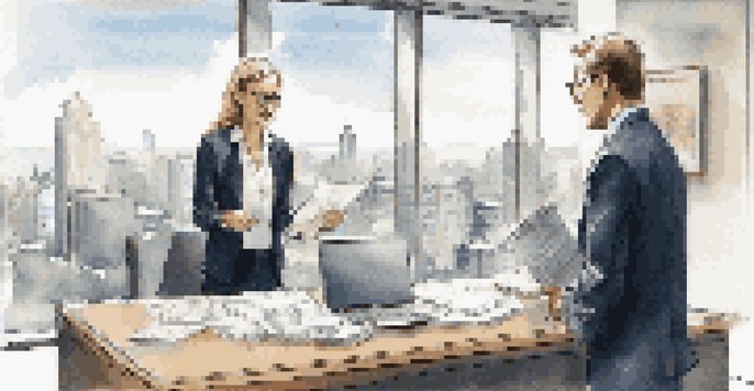 A financial advisor and a client in an office discussing financial plans with charts and documents on the desk.