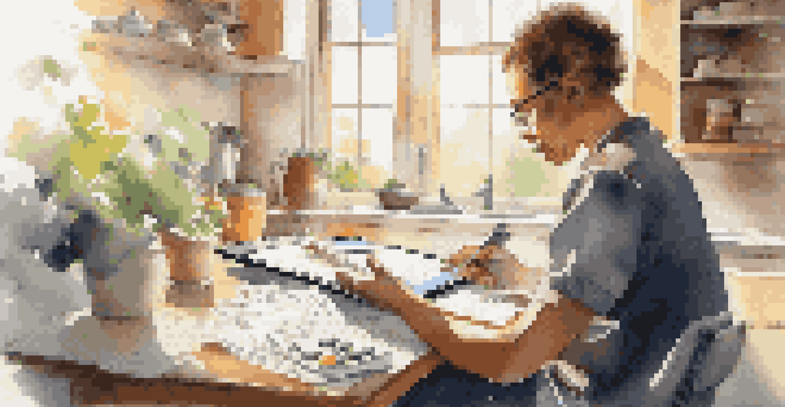 A person using a budgeting app on a tablet at a kitchen table filled with bills and a calculator, illuminated by bright sunlight.