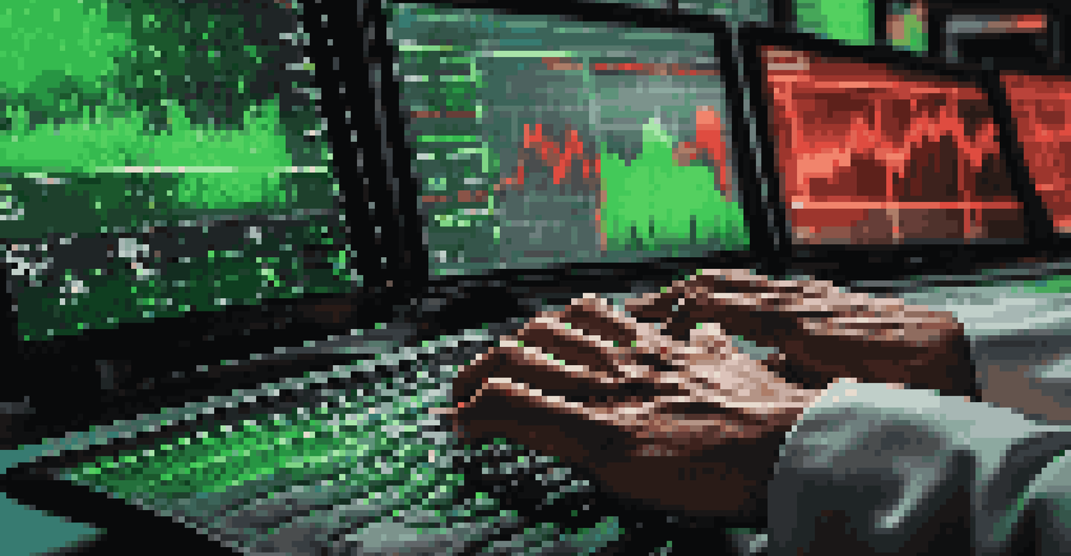 A close-up view of a trader's hands typing on a keyboard with multiple screens showing fluctuating stock prices and sentiment indicators in the background.