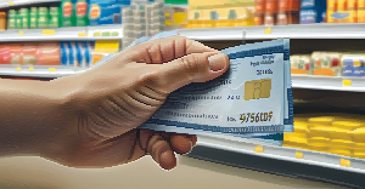A close-up of a hand holding a paycheck with a worried expression, set against a blurred grocery store background.