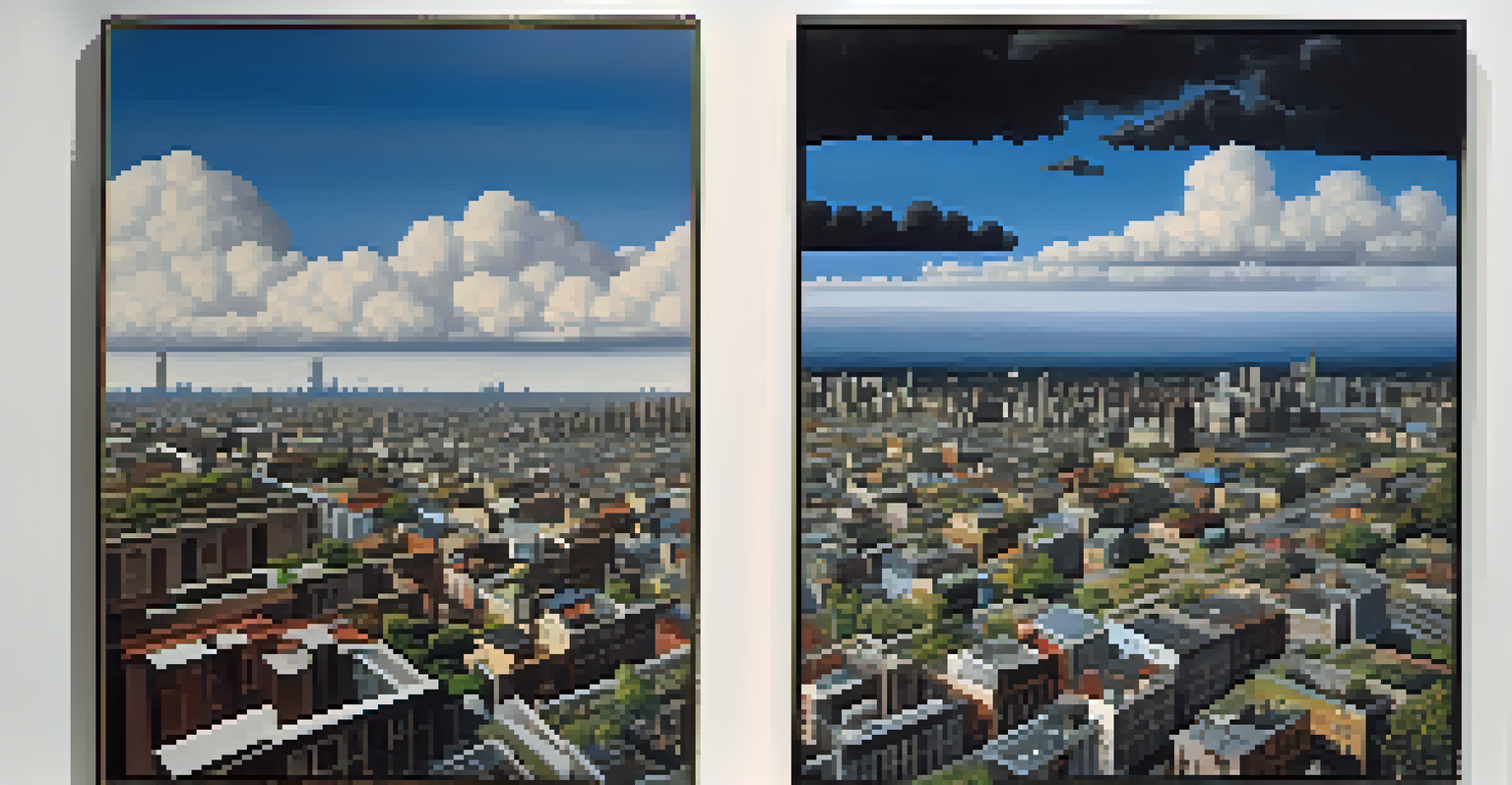 A split canvas showing a sunny cityscape on one side and a stormy, struggling urban environment on the other, representing best-case and worst-case scenarios.