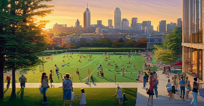 A peaceful cityscape at sunset with modern buildings and green parks filled with people.