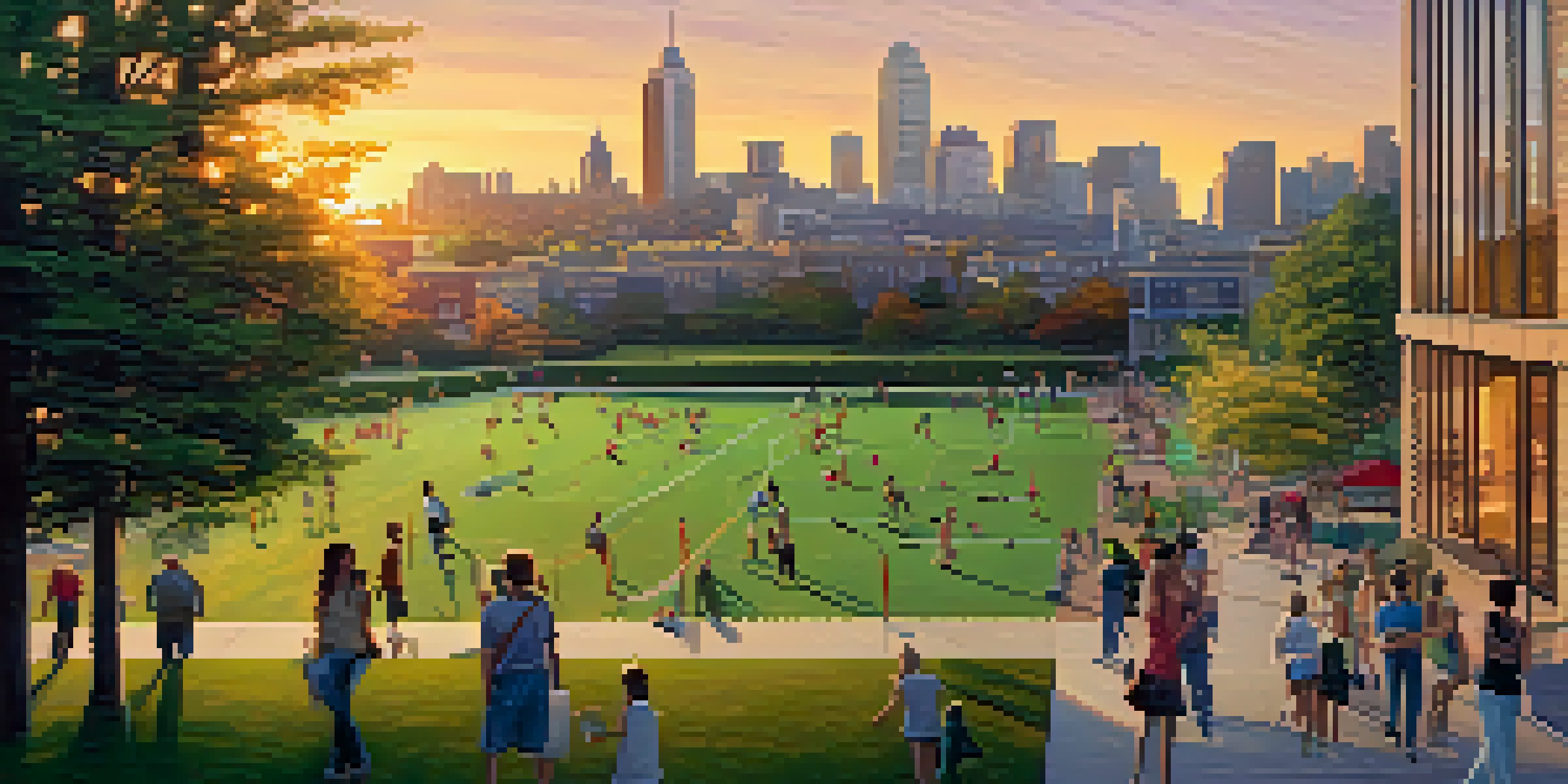 A peaceful cityscape at sunset with modern buildings and green parks filled with people.
