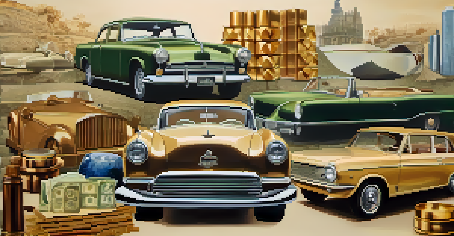 A collage of alternative investments including art, a vintage car, and commodities like gold and oil.