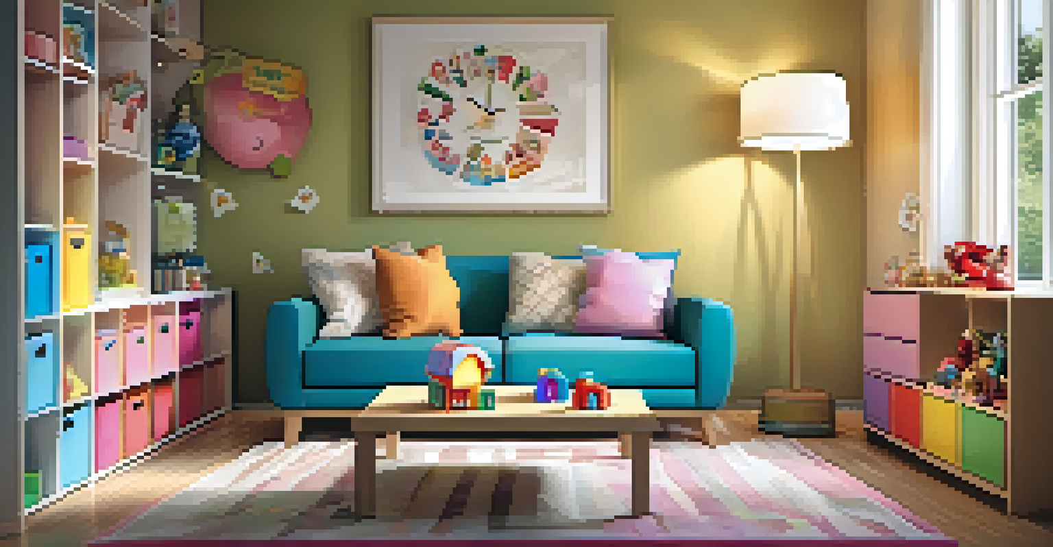 A child counting coins next to a piggy bank in a cozy living room decorated with toys and a savings chart.