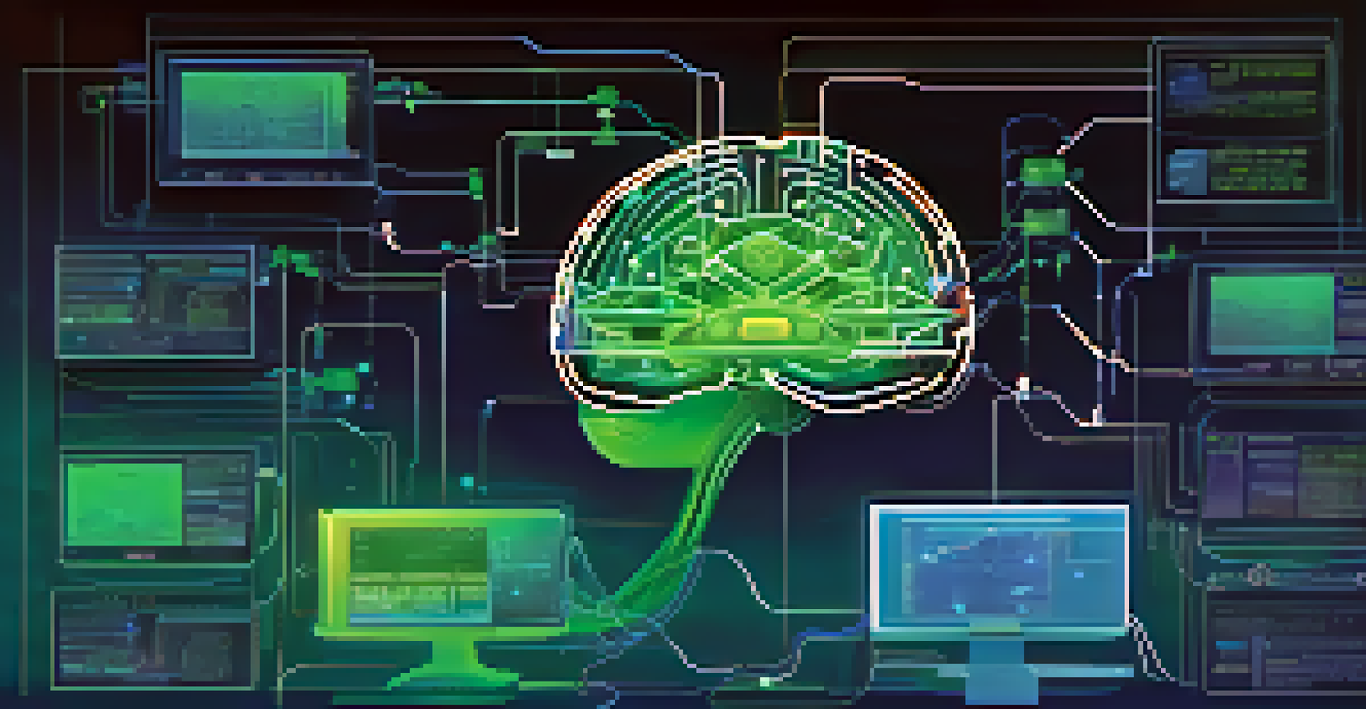 An abstract digital brain symbolizing AI in fraud detection, surrounded by financial symbols and a technological background.