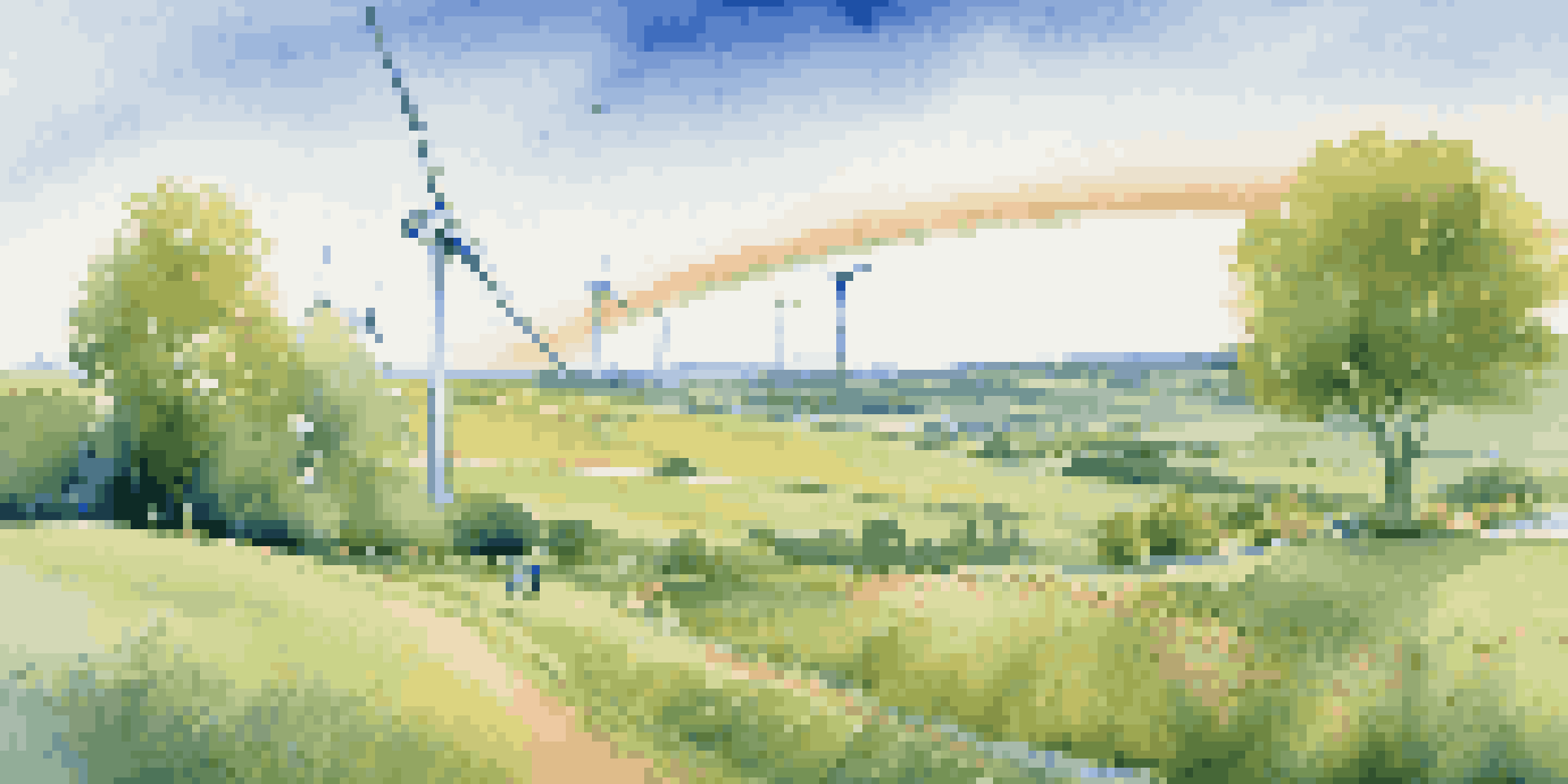A family planting trees in a green field with wind turbines and a rainbow in the background, symbolizing sustainability and hope.