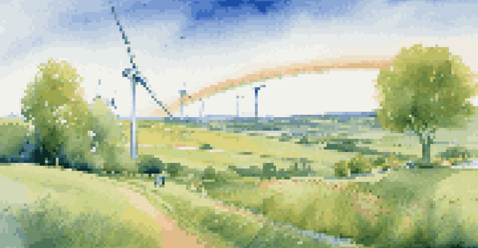 A family planting trees in a green field with wind turbines and a rainbow in the background, symbolizing sustainability and hope.
