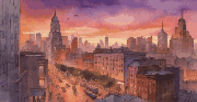 A vibrant city skyline at sunset with a mix of modern and historical buildings, vibrant colors in the sky, and bustling streets.