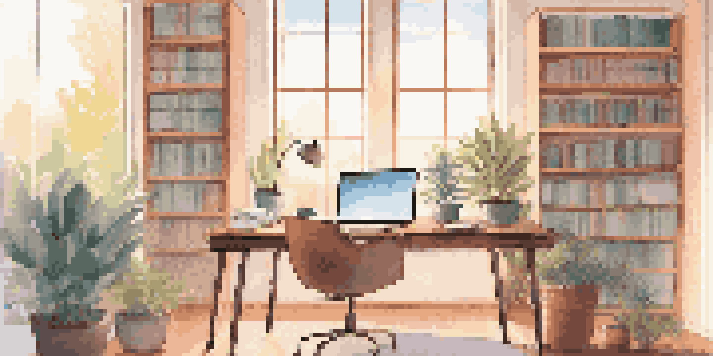 A modern office workspace with a desk, laptop, potted plant, and coffee cup, illuminated by natural light from a window.