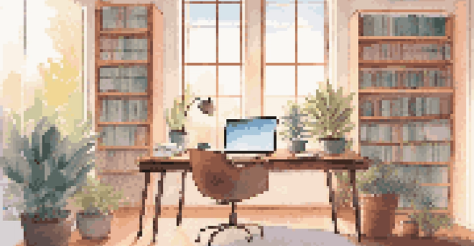 A modern office workspace with a desk, laptop, potted plant, and coffee cup, illuminated by natural light from a window.