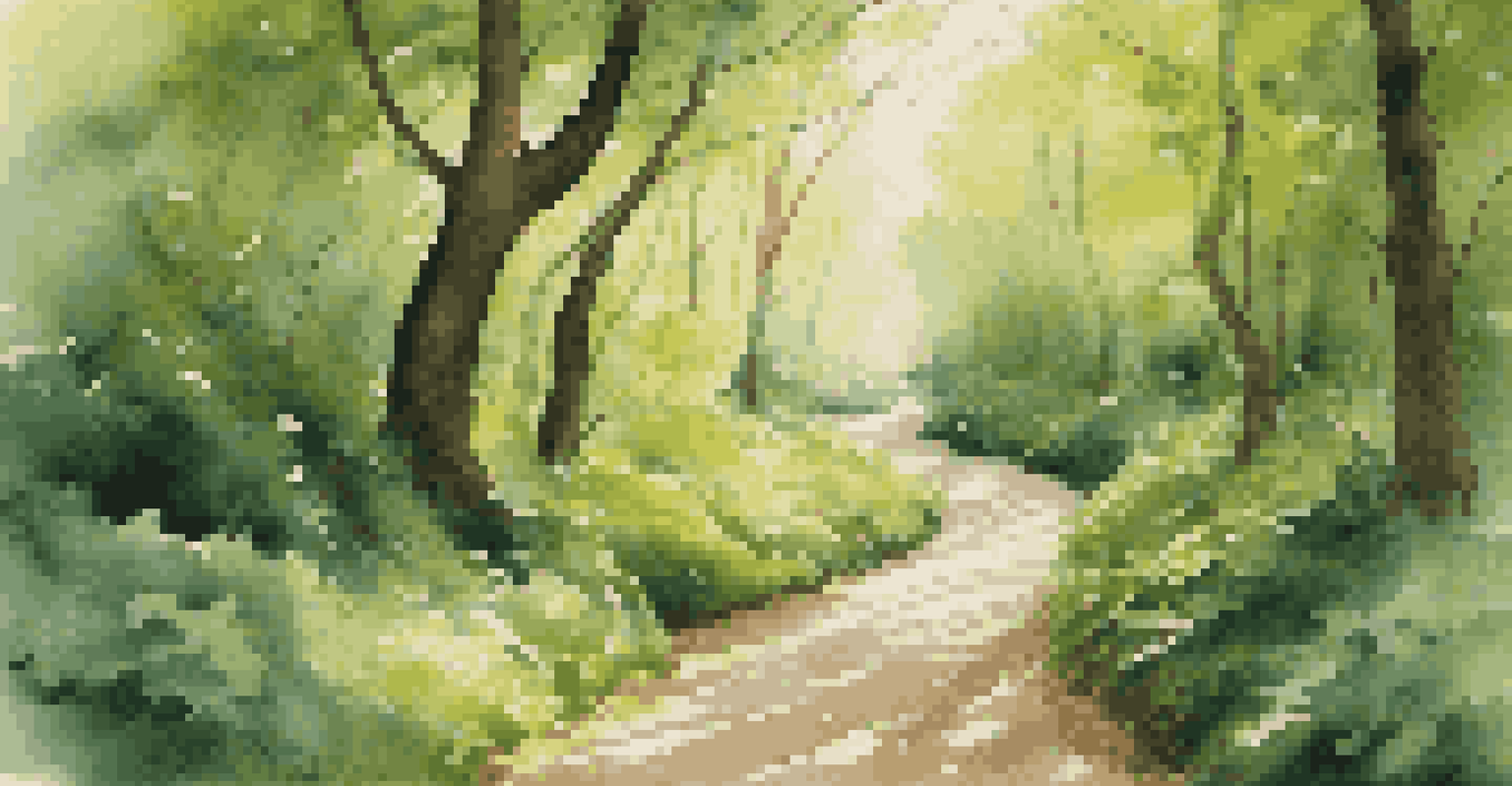 A winding path in a green forest with directional signs for investment strategies, illuminated by soft sunlight.