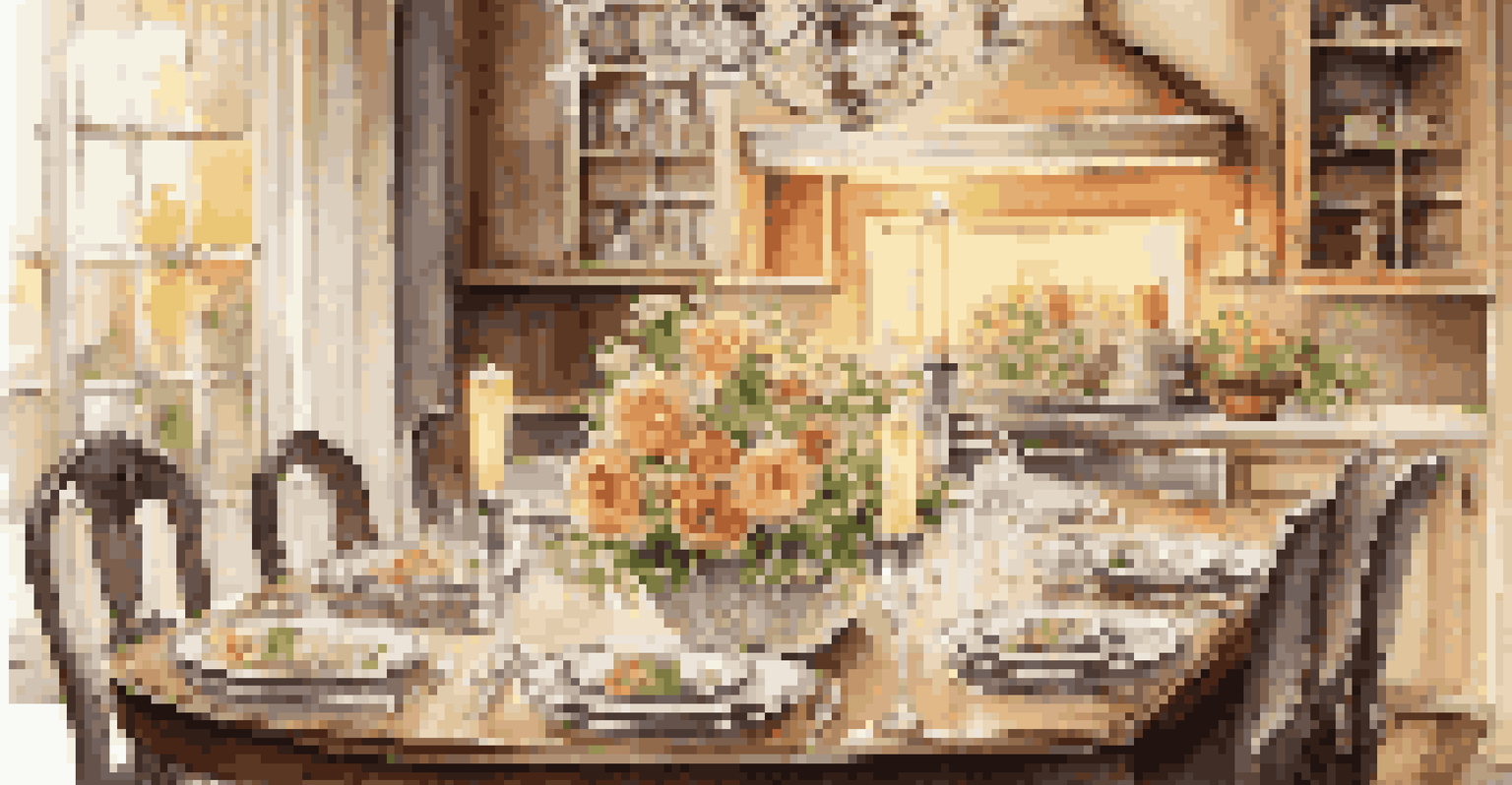 A dining table elegantly set for a meal with dishware and flowers, illuminated by candlelight.