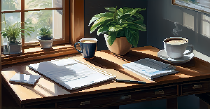 A cozy financial office featuring a wooden desk with a laptop and handwritten notes, brightened by natural light and a potted plant.