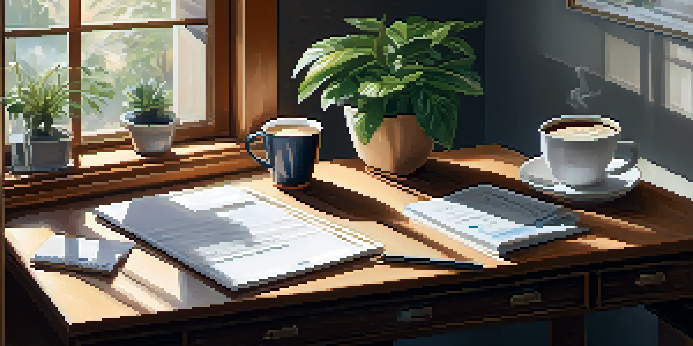 A cozy financial office featuring a wooden desk with a laptop and handwritten notes, brightened by natural light and a potted plant.