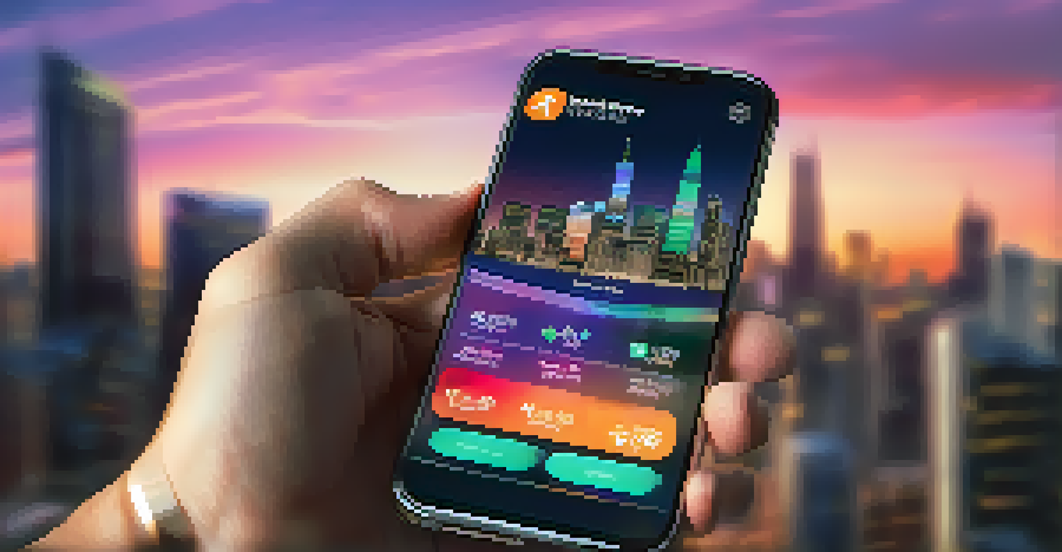 A close-up of a hand holding a smartphone showing stock prices, with a blurred city skyline and sunset in the background.