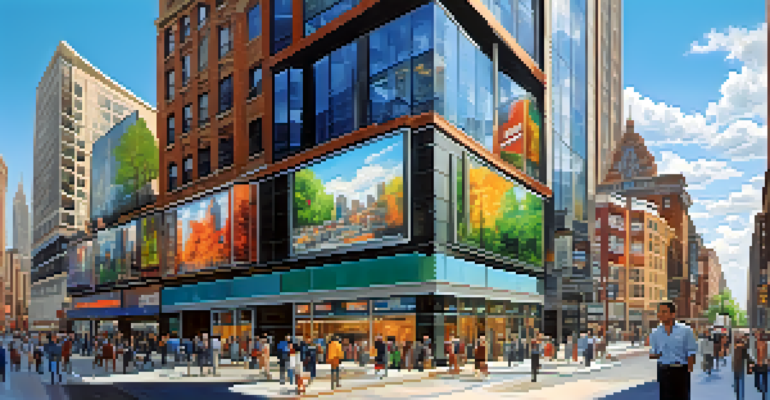 A lively urban skyline filled with commercial buildings and busy pedestrians.