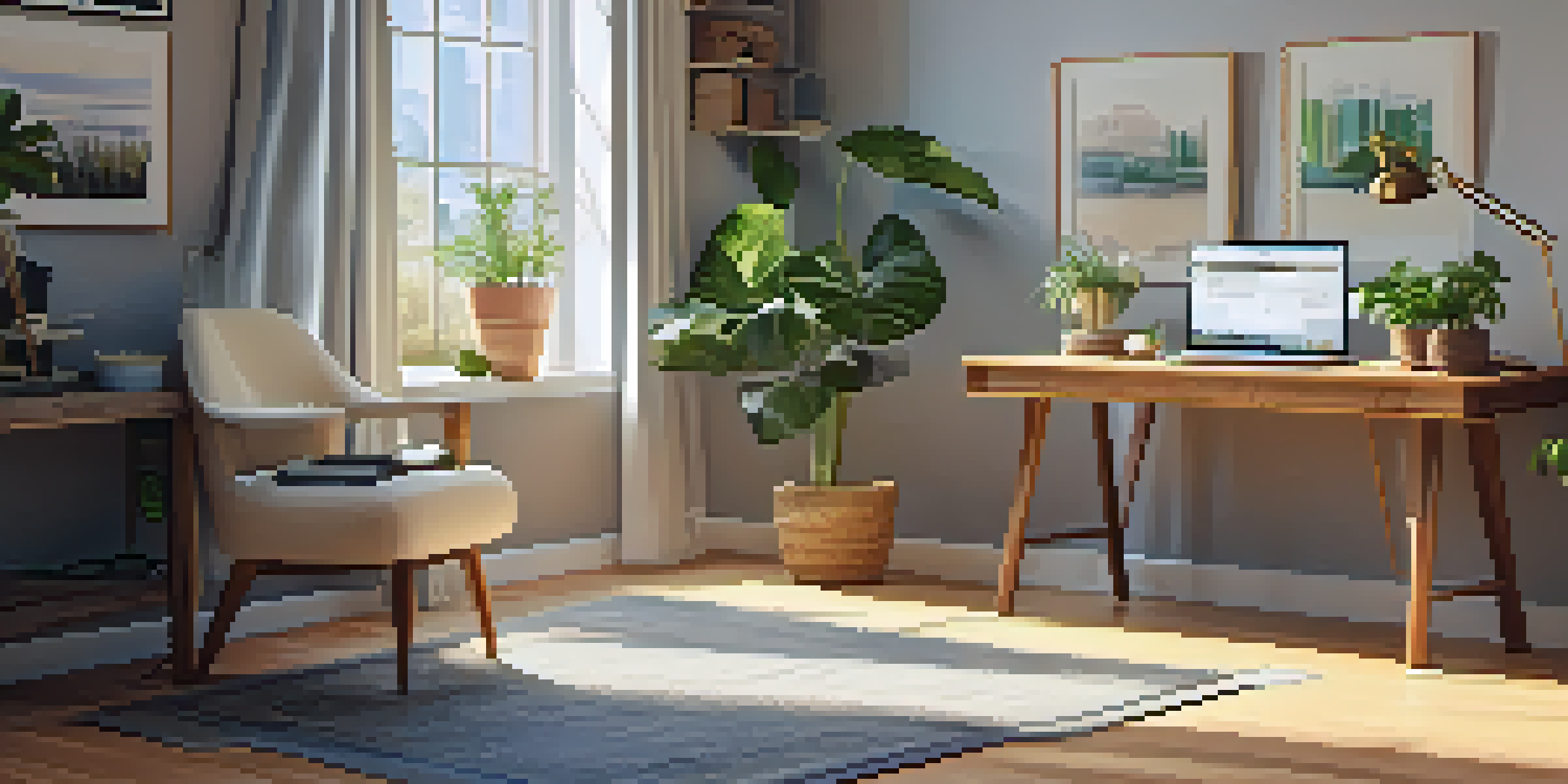 A cozy home office with a wooden desk, laptop, and a potted plant in natural light.