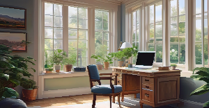 A peaceful home office with natural light, featuring a laptop and a garden view.