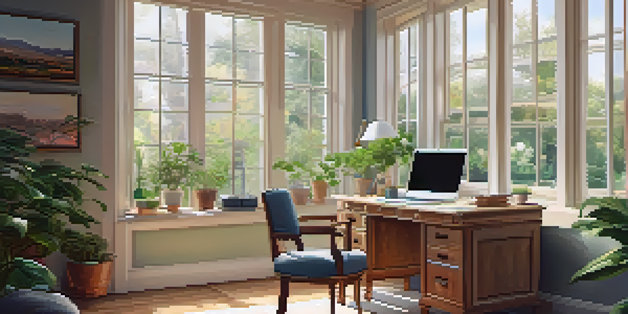 A peaceful home office with natural light, featuring a laptop and a garden view.