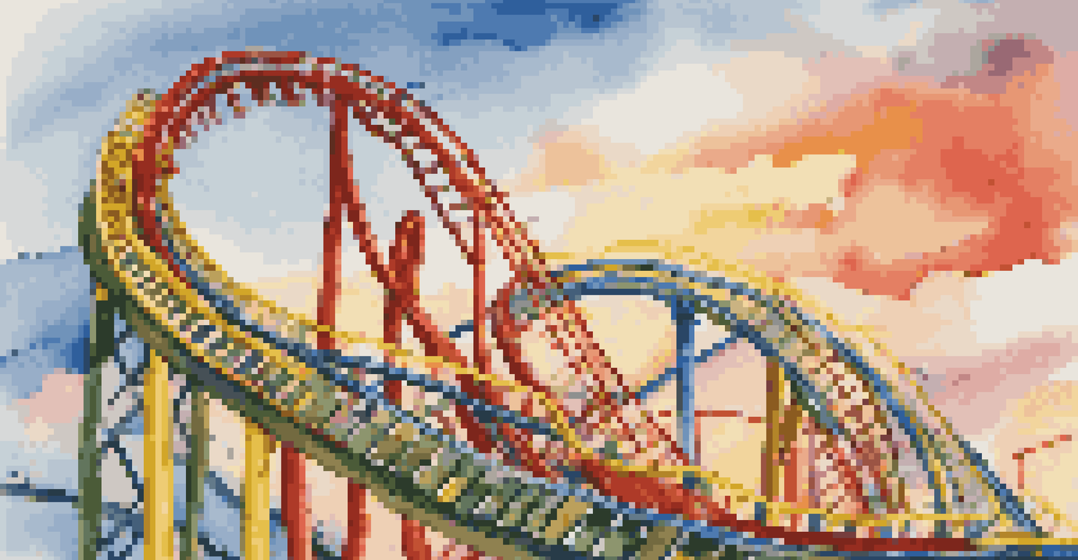 A colorful rollercoaster with passengers reflecting varied risk attitudes against a bright sky, symbolizing investment risk tolerance.