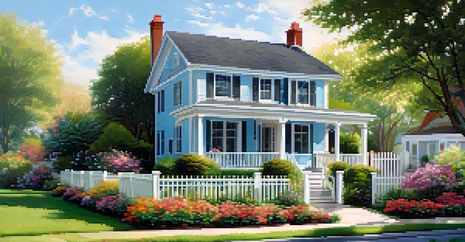 A family home with a garden, children playing, and a parent gardening on a sunny day.