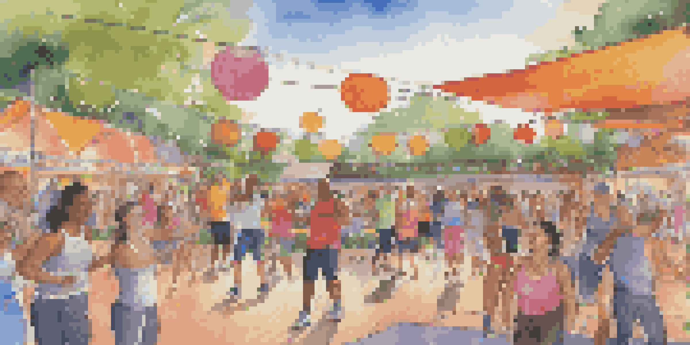 A lively community club event with diverse participants engaging in activities, surrounded by colorful banners and warm lights.