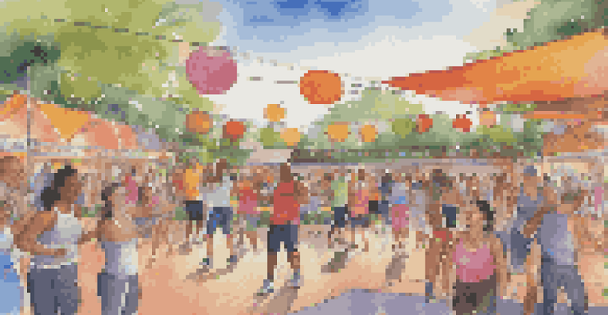 A lively community club event with diverse participants engaging in activities, surrounded by colorful banners and warm lights.