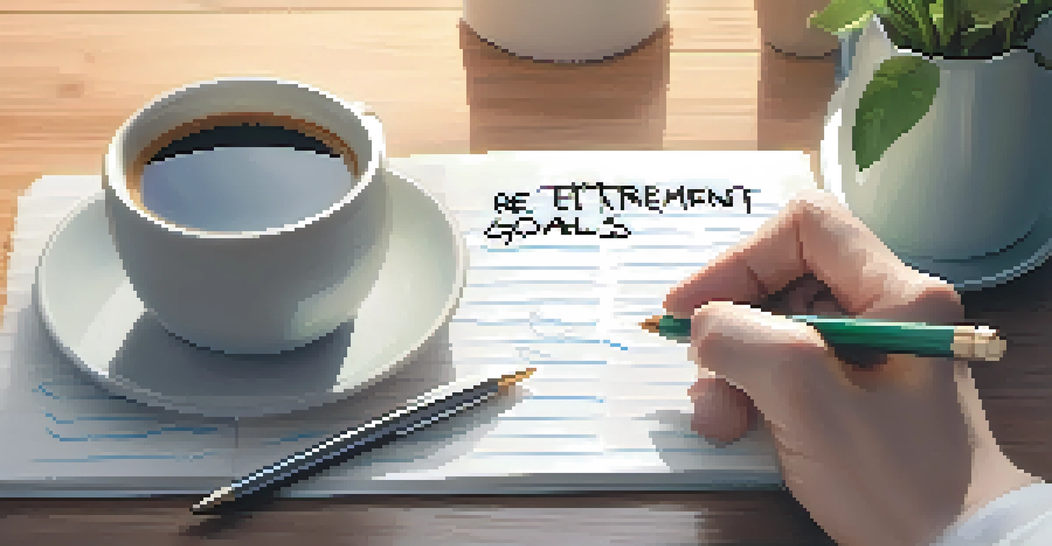 A close-up of a hand writing retirement goals on a notepad with a cup of coffee and a smartphone in a serene home office setting.