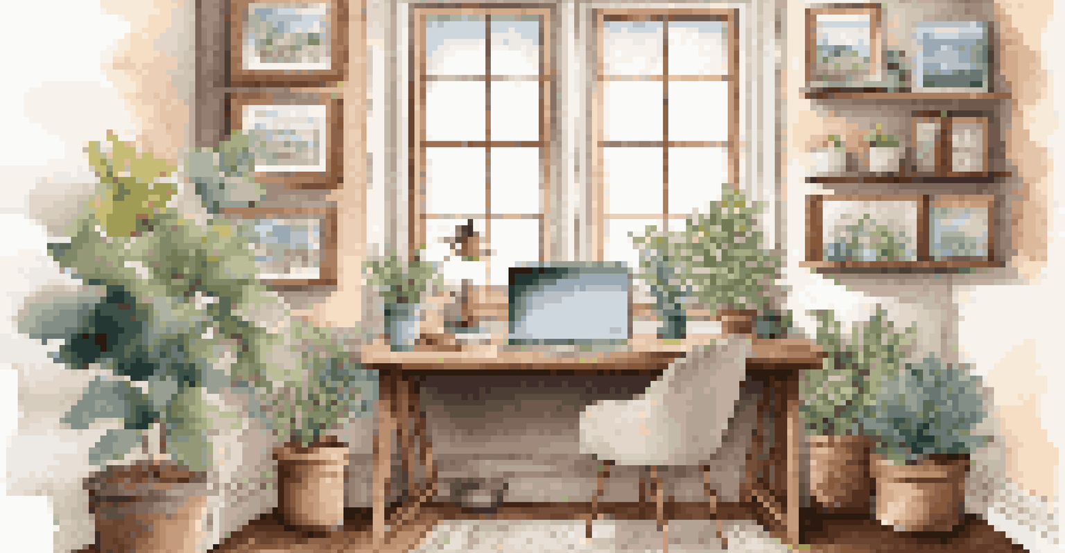 A well-lit home office with a desk, laptop, coffee cup, and plants, creating a cozy and productive environment.