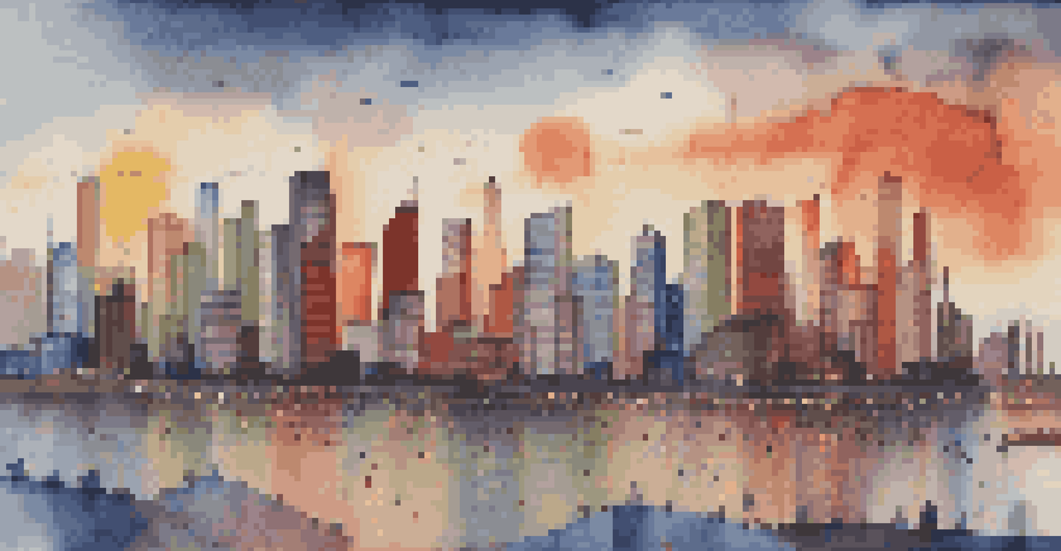 An abstract image showcasing graphs and charts over a city skyline at dusk, representing economic indicators like GDP growth and unemployment rates.