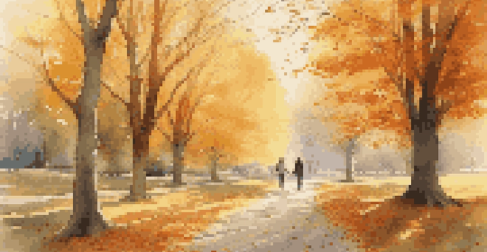 A peaceful autumn park scene with colorful leaves and a couple walking on a path.