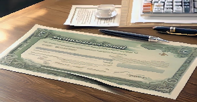 A close-up of a corporate bond certificate on a wooden desk with a calculator and notepad in the background, illuminated by soft sunlight.