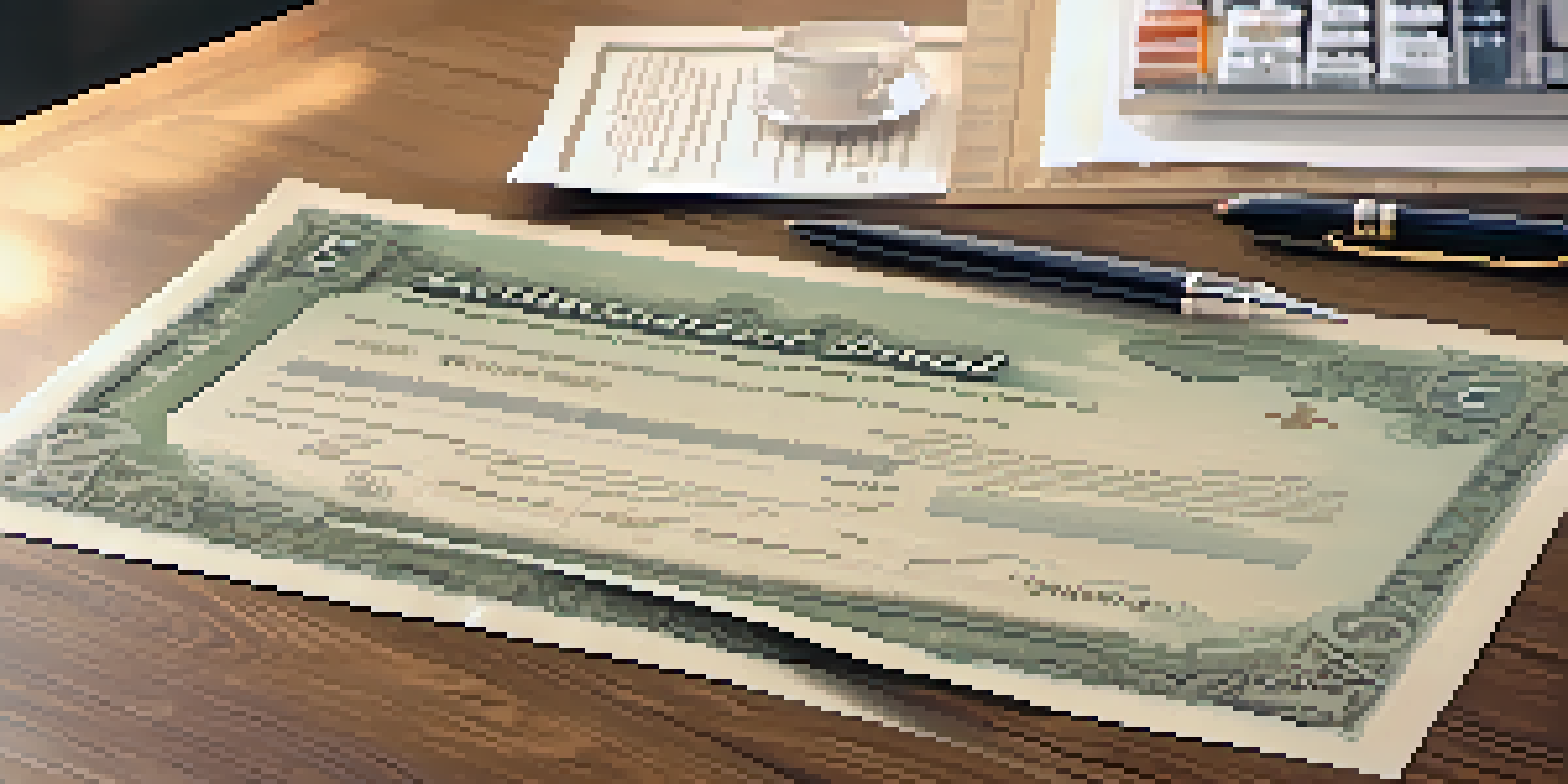 A close-up of a corporate bond certificate on a wooden desk with a calculator and notepad in the background, illuminated by soft sunlight.