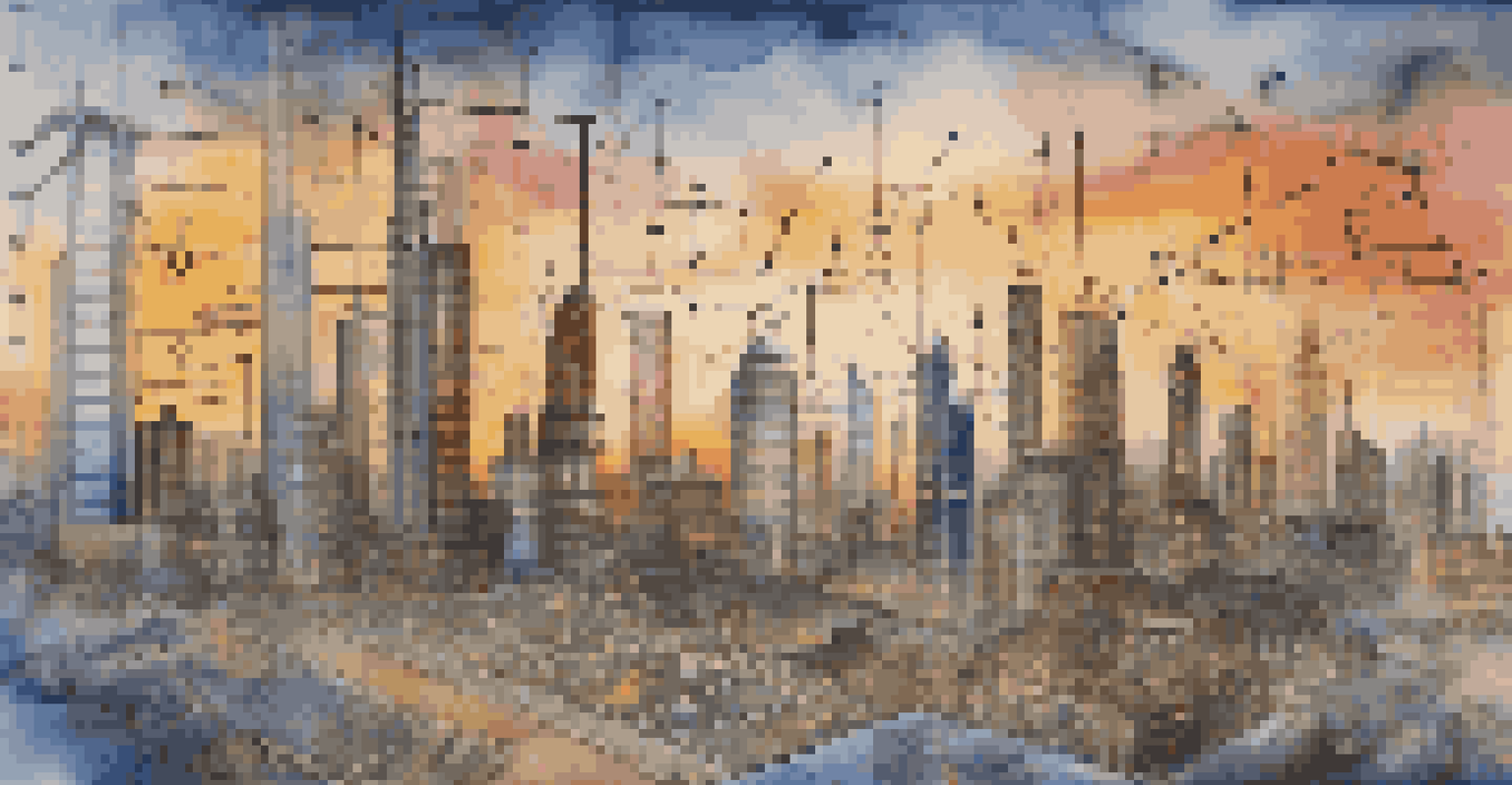 A stock market chart with growth arrows surrounded by images of different industries, set against a city skyline at sunset.