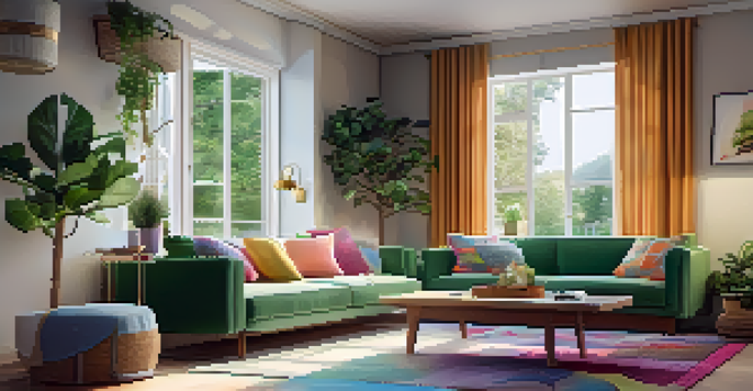 A modern living room filled with natural light, showcasing a comfortable sofa, colorful cushions, and green plants.