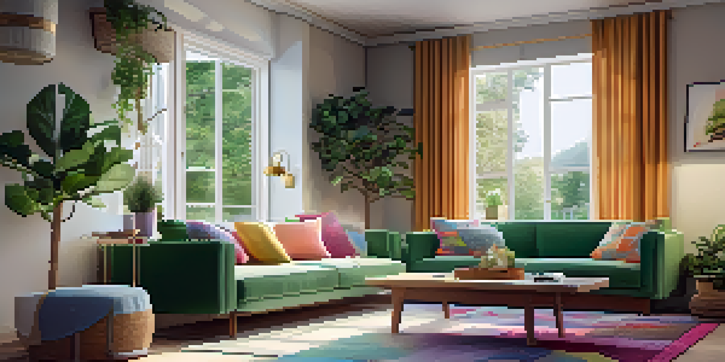 A modern living room filled with natural light, showcasing a comfortable sofa, colorful cushions, and green plants.