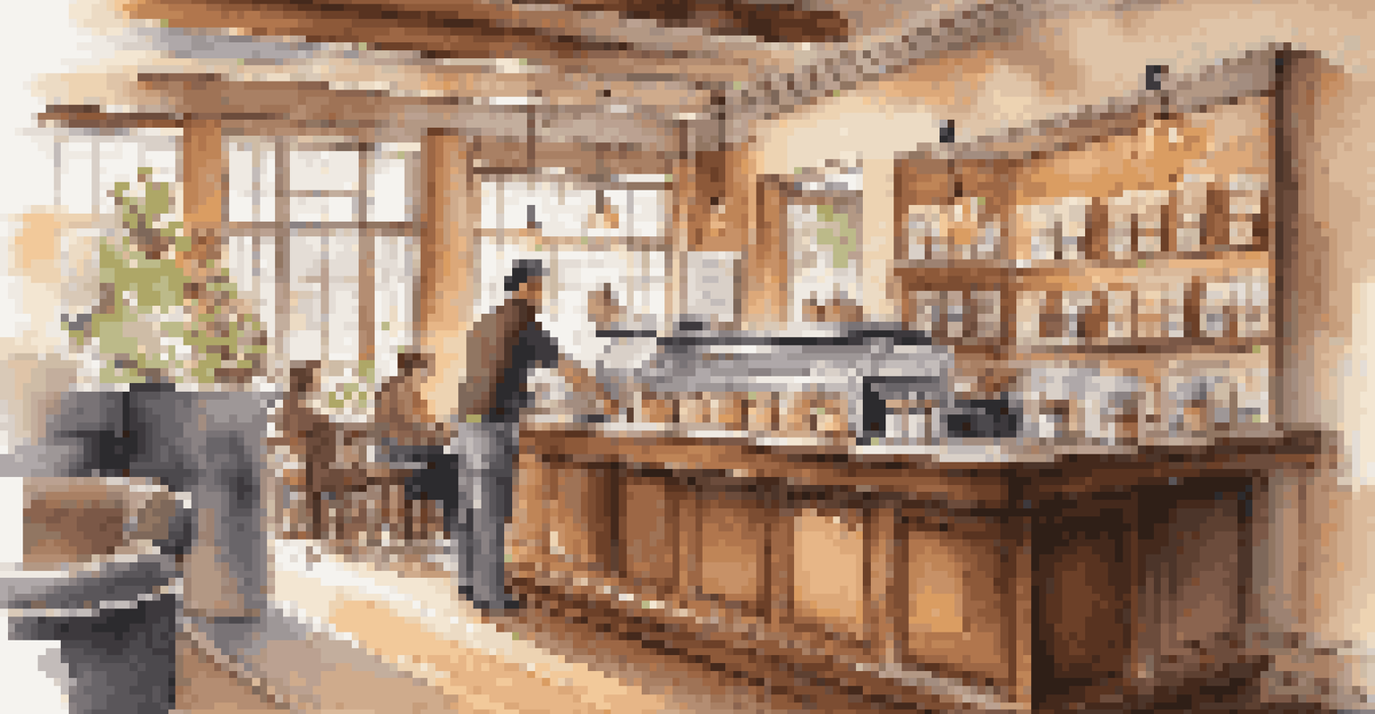 A cozy coffee shop interior with a barista at work and inviting seating.