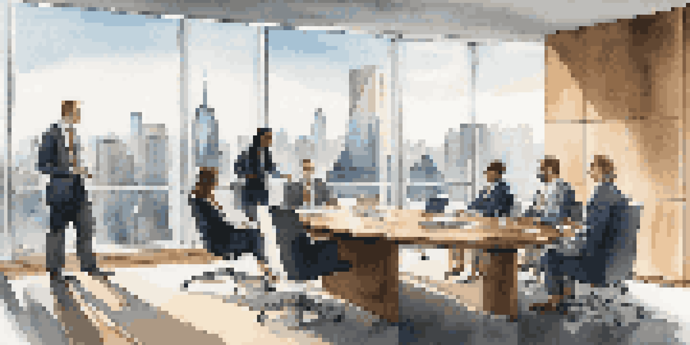 A contemporary hedge fund office with professionals discussing around a conference table, city skyline visible through large windows.